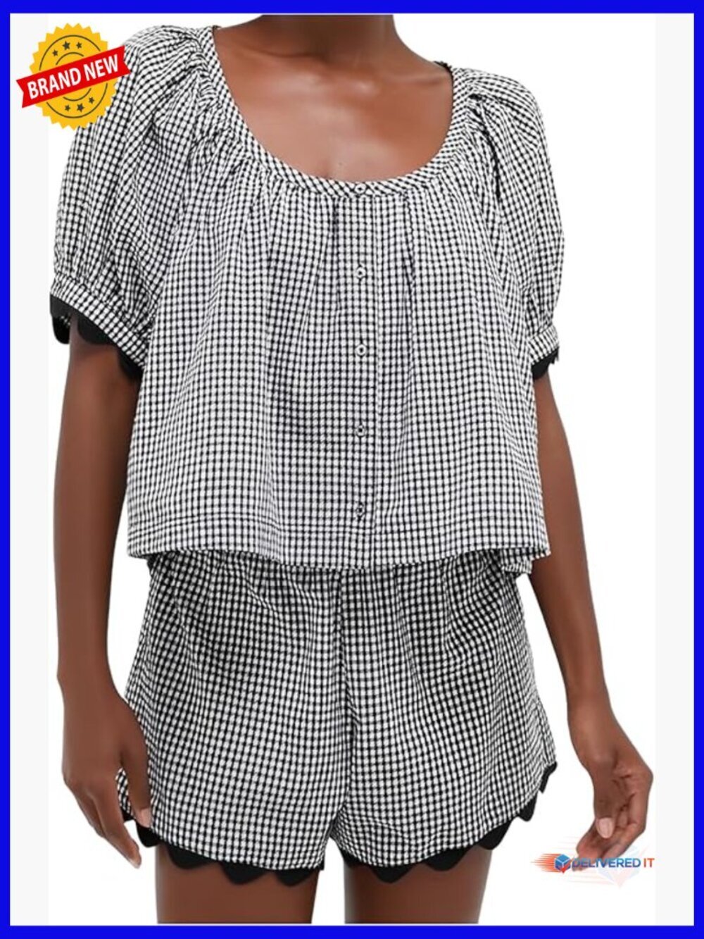 Women's Gingham Puff Sleeve Top & High-Waist Shorts Set